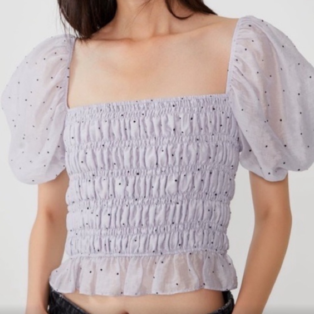 Ruched Sweetheart Polka Dot Top in Lavender